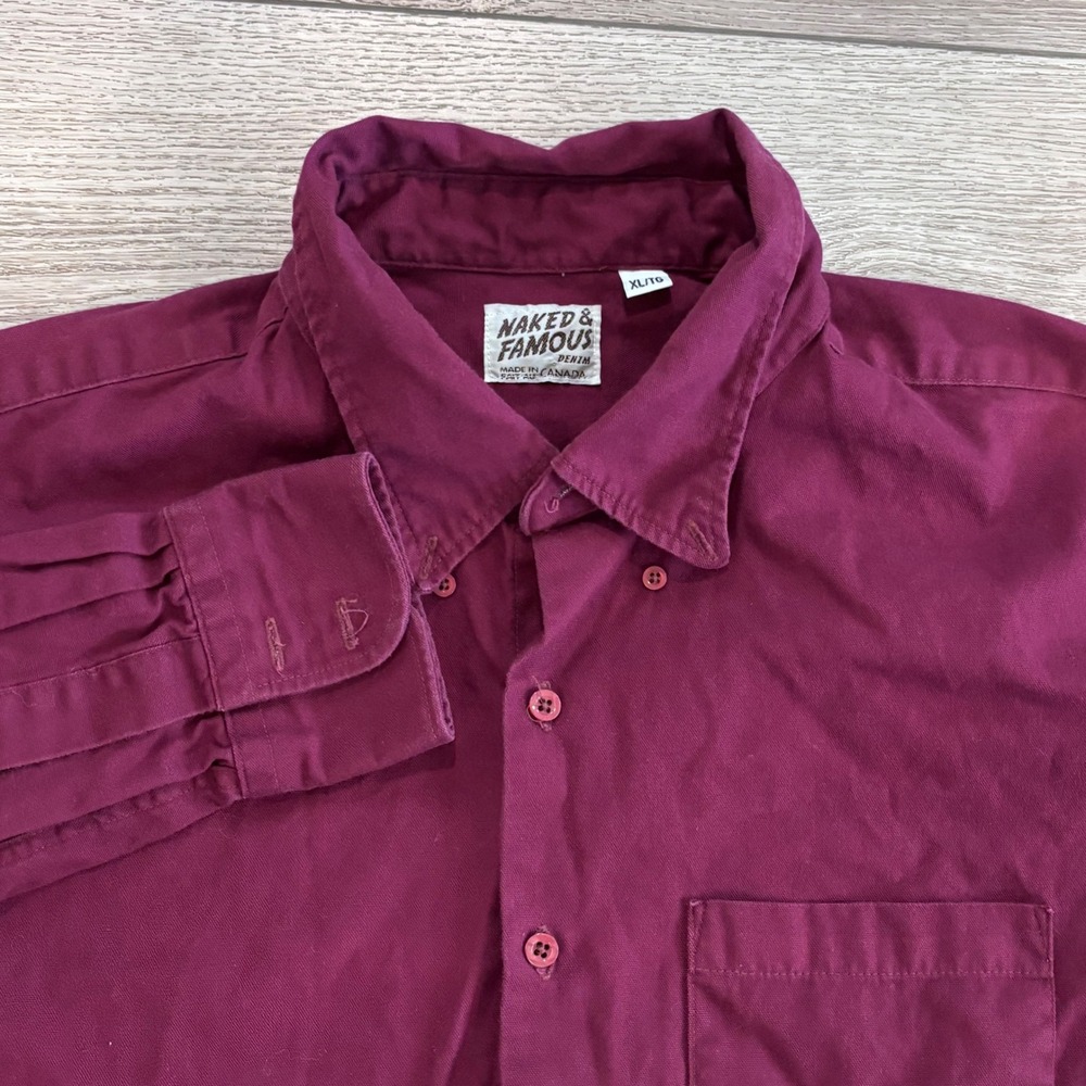 Naked & Famous Button Down Shirt Mens XL Burgundy Japanese Fabric Long Sleeve